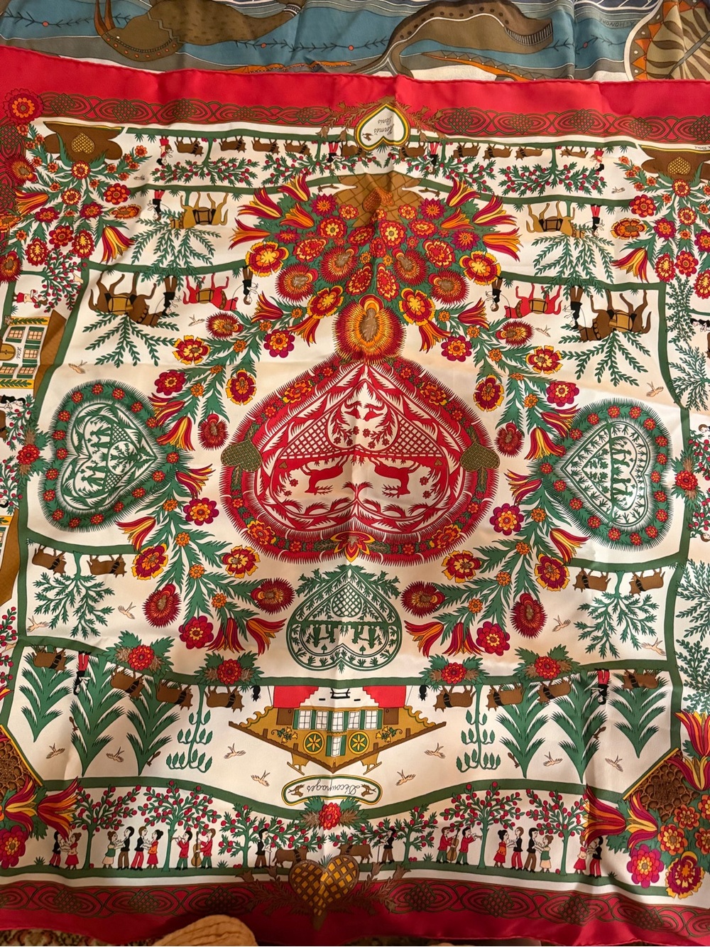 Hermes Red, Green, Cream Floral Heart Motif Silk Scarf